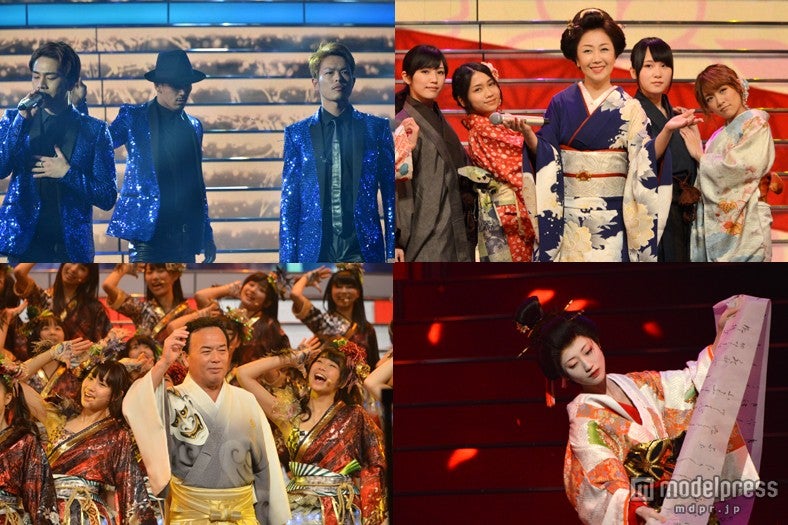 「第64回NHK紅白歌合戦」リハーサル3日目・三代目J Soul Brothers（左上）、伍代夏子とAKB48（右上）、細川たかしとNMB48、壇蜜（右下）